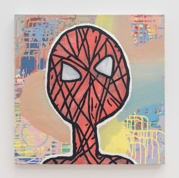 Donald Baechler Spiderman, 2018 Acrylic and fabric callage on canvas 24 x 24 inches 61 x 61 centimeters