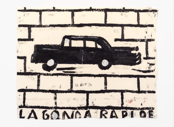Rose Wylie, Lagonda Rapida on brick wall, 2018