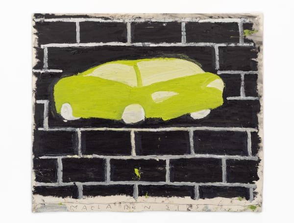Rose Wylie, Yellow Mclaren on brick wall, 2018