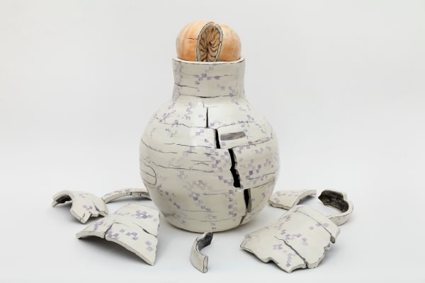 Johanna Jackson, Porcelain Vase with Squares, a Violent Crack and an Orange Fragment Bearing Imaginary Lines, 2021