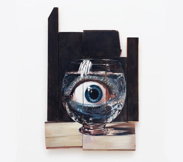 Oliver Clegg perso in un bicchier d'acqua, 2023 Oil on wood 42 x 27 in (106.7 x 68.6 cm)