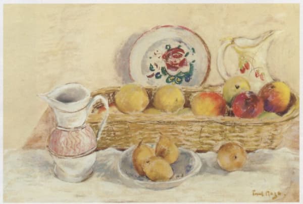 PAUL MAZE, Peaches in a basket with pears, apples and jugs on a tabletop