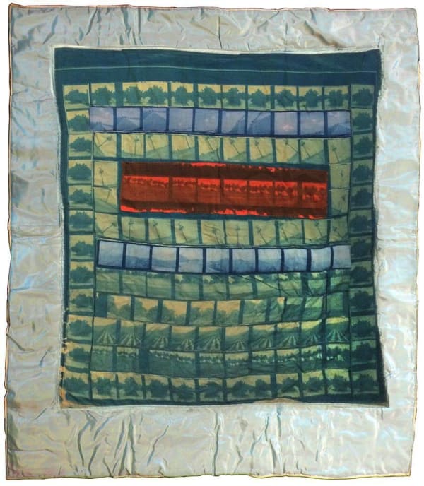 Keith Smith Orange Grove Baby Quilt, 1970 Cyanotype on cloth, machine-sewn onto satin 43 x 38 in (109.2 x 96.5 cm)