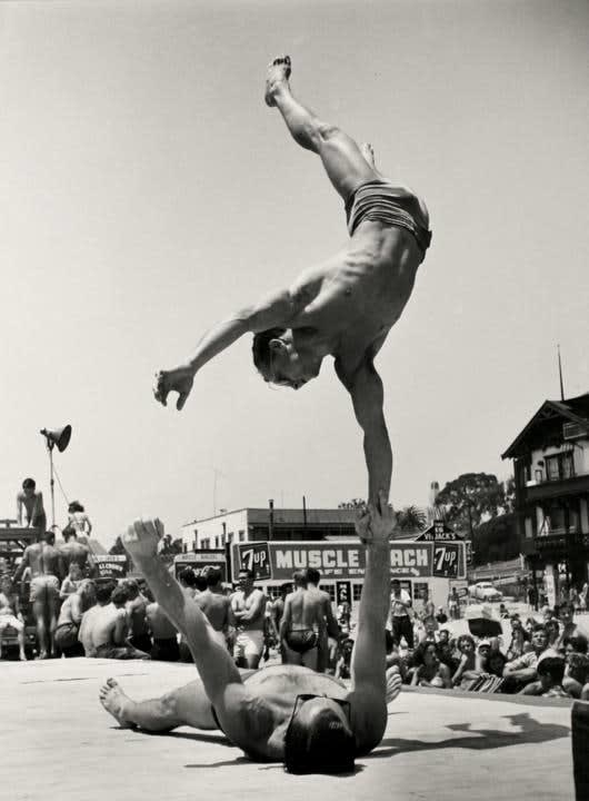 Larry Silver, Two Men doing a Handstand, Muscle Beach Santa Monica, CA, 1954