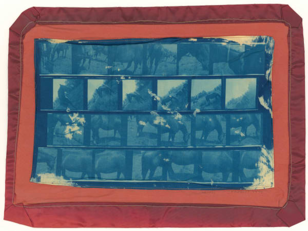 Keith Smith Untitled Cyanotype of Horses, 1972 Cyanotype printed on cloth machine-sewn to satin 16 x 21 in (40.6 x 53.3 cm)