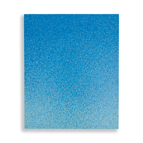 Acrylic painting D013, 2025 by Cyrielle Gulacsy, showing a densely dotted blue gradient on wood, shifting from light to deep tones.