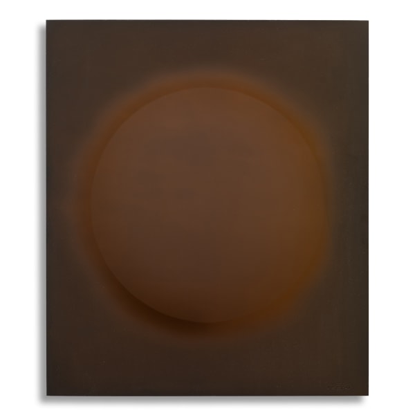 Anodised aluminium work in brown tones by Damien Bénéteau, featuring a central circular form that gently emerges from the metallic surface. Titled Relief E, 2025.