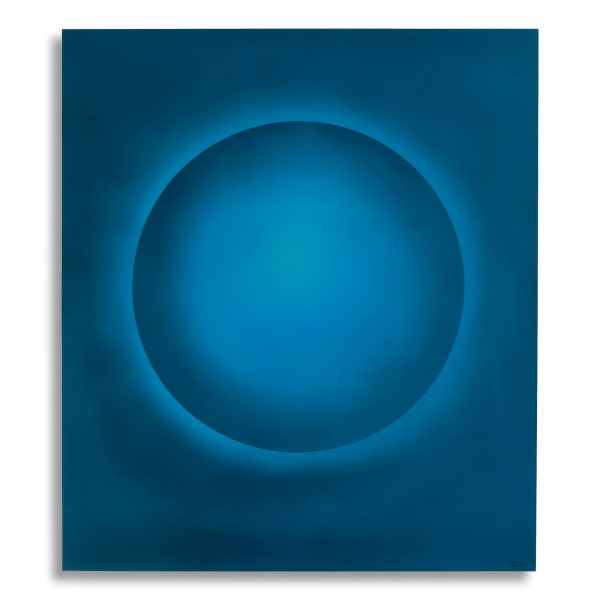 Anodised aluminium wall sculpture by Damien Bénéteau with a vibrant blue circular gradient creating a spatial illusion, titled Relief 02, 2025.