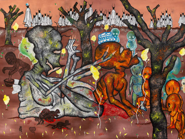 Merveille Kelekele Kelekele, Je cumule des péchés, mes ancêtres ne sont pas contents ! Alors je meurs et renais à nouveau, sauf que cette fois-ci, je renais adulte, je déchire le ventre de ma mère car je suis trop large il y a du sang partout, et eux, assistent à tout..., 2025