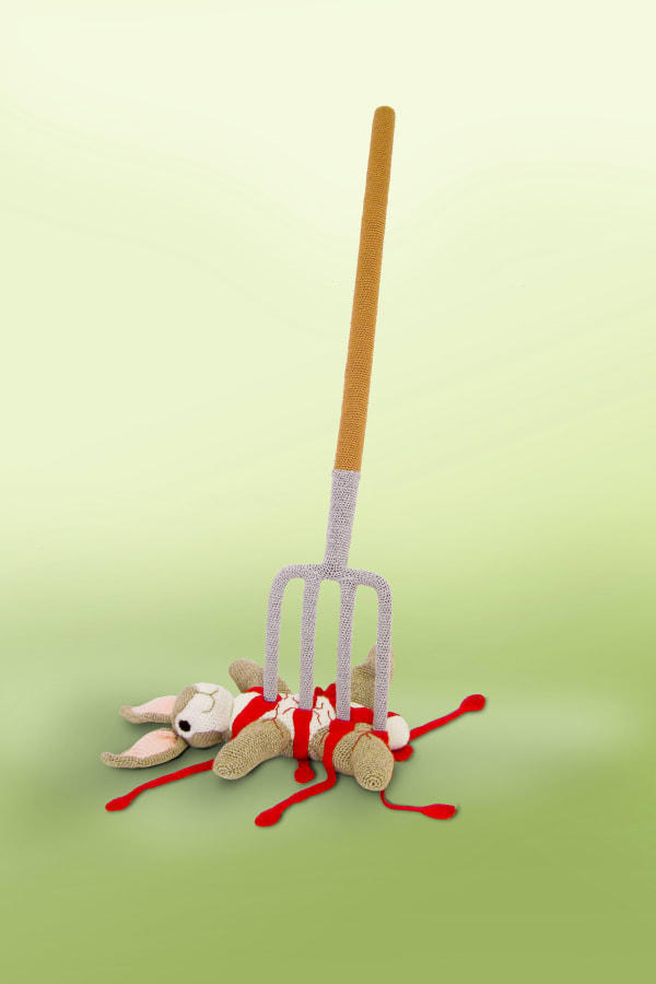 Pitchfork, 2009 Acrylic yarn, styrofoam, wood, metal; crochet