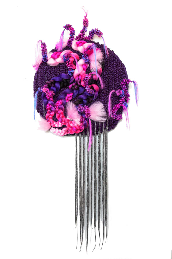 Nafis M. White Oculus (Violet, Pink, Light Grey, Lavender), 2021 Hair, Embodied Knowledge, Ancestral Recall, Audacity of Survival, Bobby Pins 62 x 24 x 9 inches