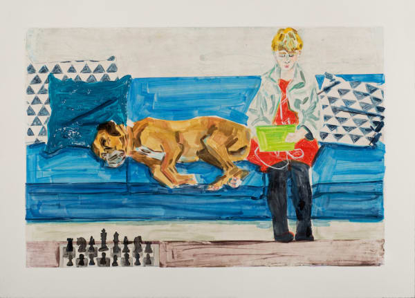 Stella Ebner Teenager with Dog and Chess Set (Eliot & Jack), 2018 watercolor monoprint 30 x 40 inches