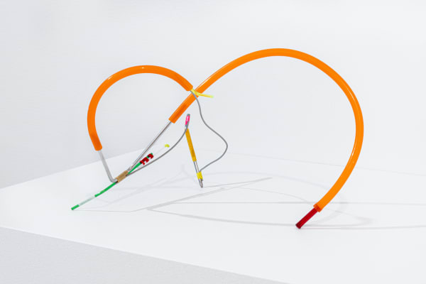 Max Van Pelt conduit, 2020 welding rod, tubing, stainless steel, acrylic, thread 4 x 7.5 x 5.5 inches