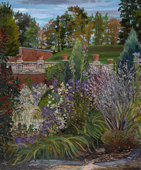 Nancy Friese, Fountain and Flowers, Asters, Cat Mint and Iris Leaves, Blithewood Garden, Annandale-on-Hudson, New York , 2025