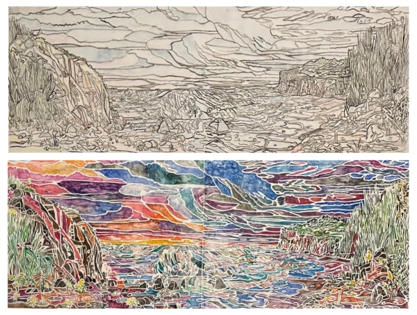 Nancy Friese Waves and Cresting Waves, 2023 two versions of white line watercolor monoprint printed by Oehme Graphics Image: 15 x 39.75 inches; Paper: 20 x 44.5 inches