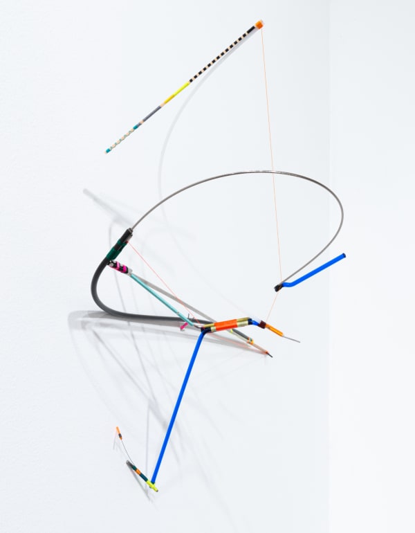 Max Van Pelt Water in air, 2020 aluminum, thread, stainless steel, wood, derailleur cable, acrylic 13 x 22 x 7.25 inches