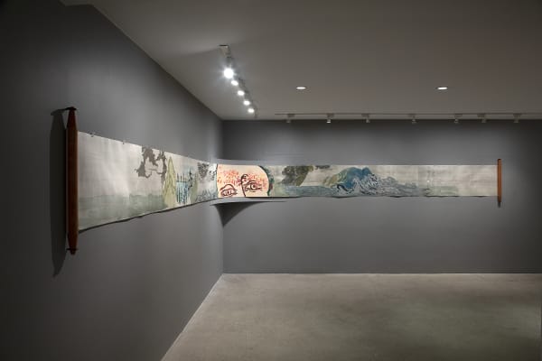 Daniel Heyman Summer Squall, 2020-21 color woodblock prints on handmade Japanese paper mounted on linen scroll, wooden dowels, linen box 20 inches x 28 feet, 2 inches overall; 6 x 11.75 x 28.75 inches in linen box Edition of 5