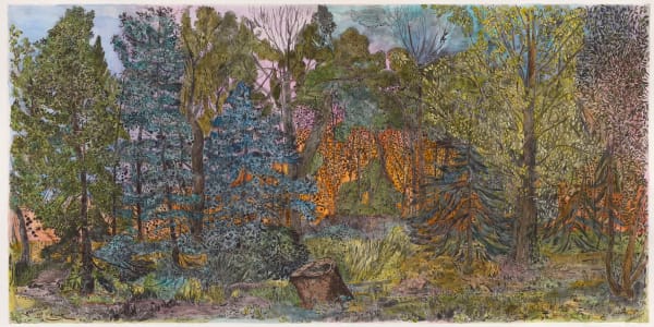 Nancy Friese Quiet Evening, 2025 Line etching, spit bite, and drypoint with hand coloring 24 x 48 in. image, 29 x 52 in. paper