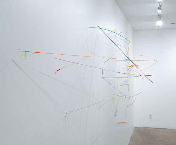Max Van Pelt Tendency, 2020 thread, acrylic, stainless steel, wood, tubing, music wire, yarn, aluminum, found object, monofilament, mason line 6 x 15 x 2 feet