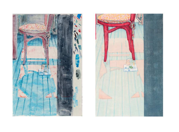 Stella Ebner Cricket, Glass and Business Reply Mail, 2019 watercolor sketch and woodblock print 36 x 24 inches each