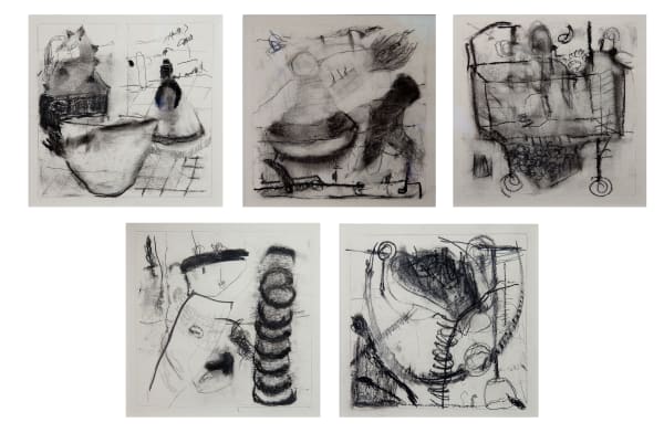 Donnamaria Bruton Charcoal Drawings 1-5, 1995 charcoal on paper 7 x 7 inches each
