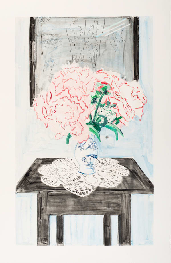 Stella Ebner Peonies, Dragonfly Vase, and Common House Spider (At the Acupuncturist), 2019 watercolor monoprint 46 x 30 inches