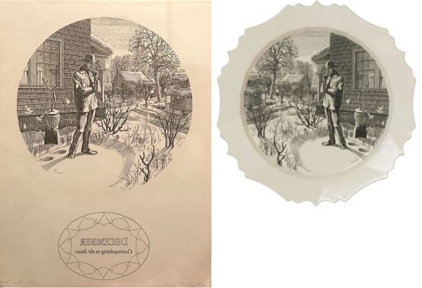 Andrew Raftery December: Contemplating in the Snow, 2016 engraving, transfer printed on glazed white earthenware, with proof print 2 x 12.5 inches in diameter (plate); 14.5 x 11 inches (print)