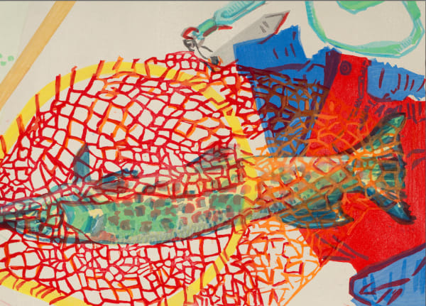 Stella Ebner Net with Muskie, Jacket and Bottle opener (Bottom of the Fishing Boat Still life), 2018 woodblock 16 x 20 inches edition 3/5