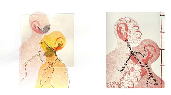 Andre Lee Bassuet Unraveling and Roots: Korean Diaspora, 2023 chine collé and thread; mixed media 14 x 14 inches; 8 x 10 x 1 inches book