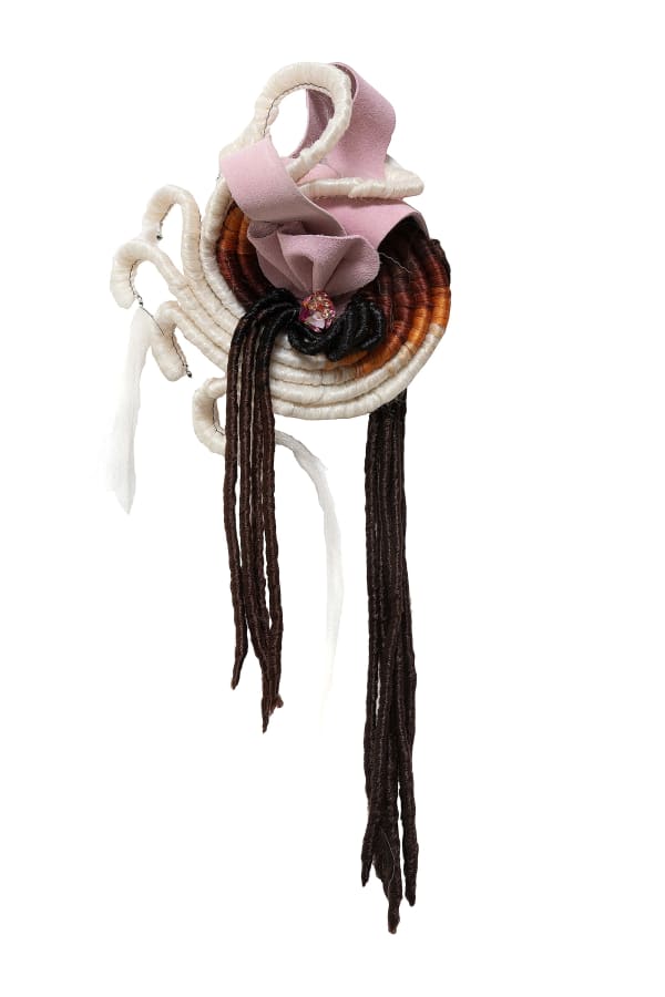 Nafis M. White Oculus (Autumnal), 2023 Hair, Embodied Knowledge, Ancestral Recall, Audacity of Survival, Bobby Pins, molded pink suede leather, the Artist’s moto jacket, Swarovski crystals 21 x 9.5 x 5 inches