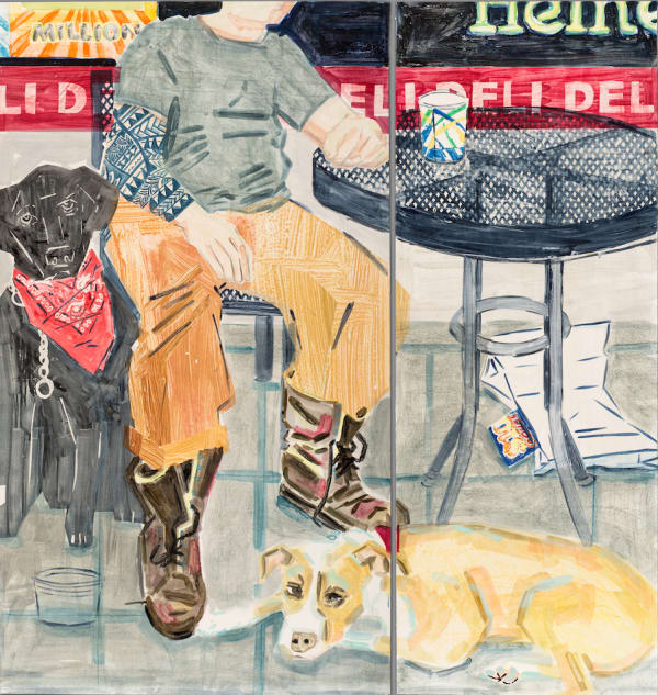 Stella Ebner Deli bag and lottery ticket (Gutter Punk with his Dogs), 2019 watercolor monoprint 40 x 40 inches