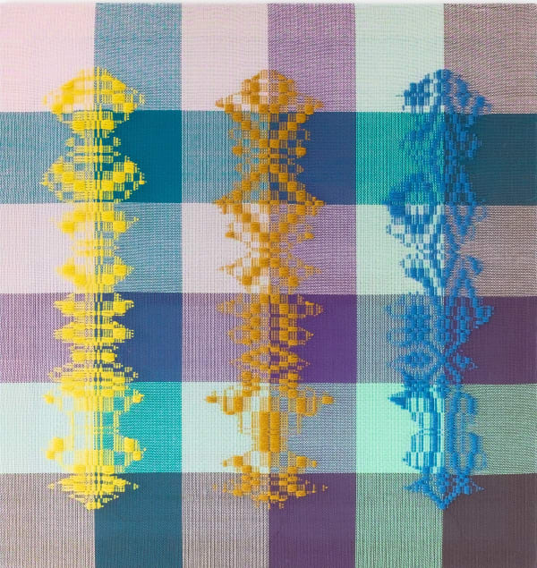 Cecilia Charlton, Three beings [yellow-bronze-blue on high-contrast ground], 2022