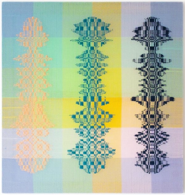 Cecilia Charlton, Three beings [blue-bronze-yellow on high-contrast ground], 2022