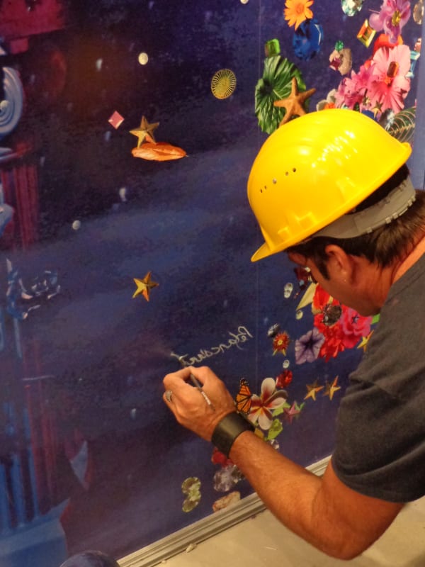 Carlos Betancourt in collaboration with Alberto Latorre, Celestial Garden, (at the Ensemble Vestibule, Celebrity Cruise collection), Corporate Art site-specific permanent installation. (Detail of Wallpaper with artist signature), 2012