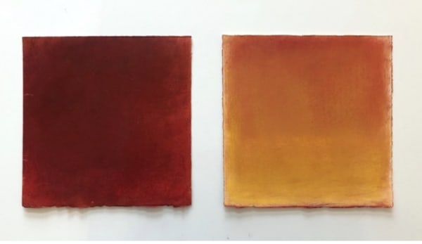 two panel work on paper -- left dark red, right deep orange