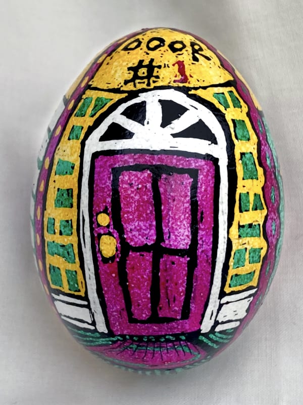 Roz Chast Door, 2020 eggshell, dye and polyurethane 2.25 x 1. 625 inches (CHAST 158)