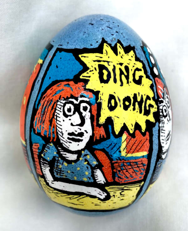 dyed egg showing woman at table and the words Ding Dong