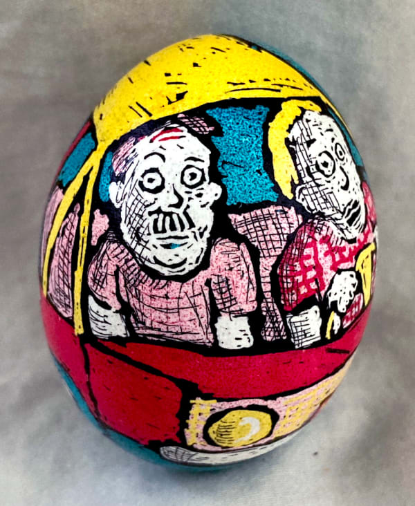 Roz Chast Guys in Car, 2020 eggshell, dye and polyurethane 2.25 x 1. 625 inches (CHAST 25)