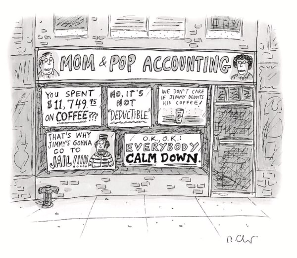 Storefront of a shop called "Mom & Pop Accounting" featuring humorous signs about excessive coffee spending and deductibility. One sign indicates that Jimmy's large coffee expenditure could lead to jail time, while another urges calm.