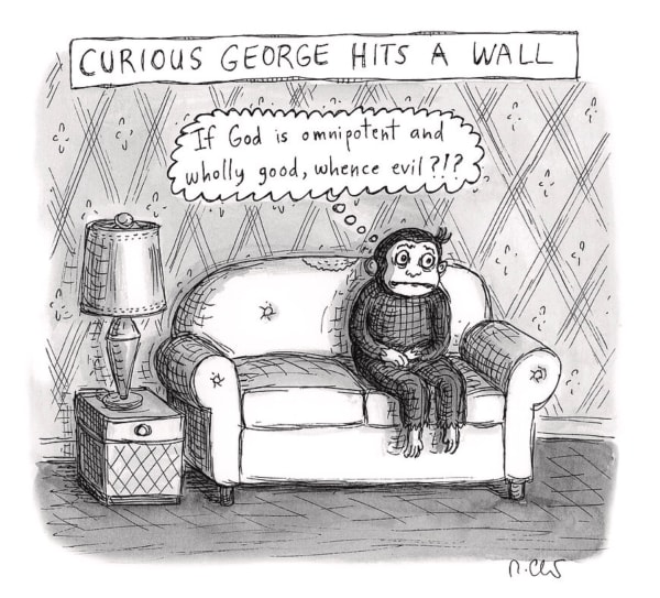 Curious George sits on the couch and worries about good and evil.