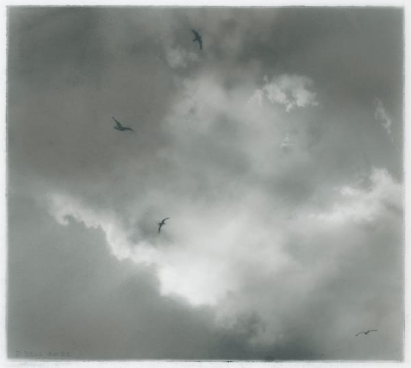 charcoal drawing of sky with birds silhouetted against the clouds