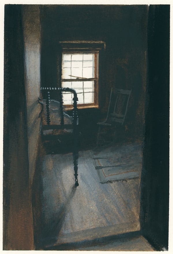 watercolor of bare room interior with bedstead and chair