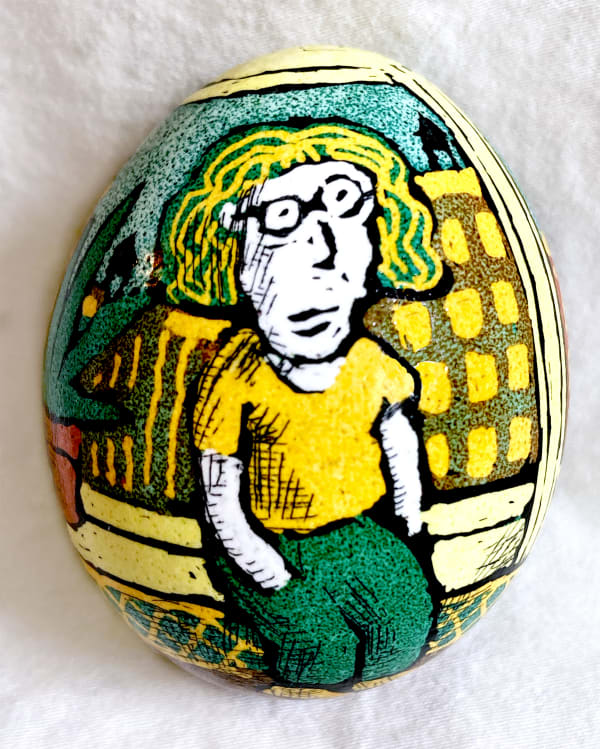 Roz Chast Woman in Window, 2020 eggshell, dye and polyurethane 2.25 x 1. 625 inches (CHAST 35)