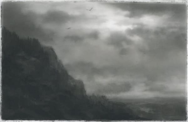 Dozier Bell Raptors, high cliffs, 2019 charcoal on Mylar 3.25 x 5 inches (BELL 25)