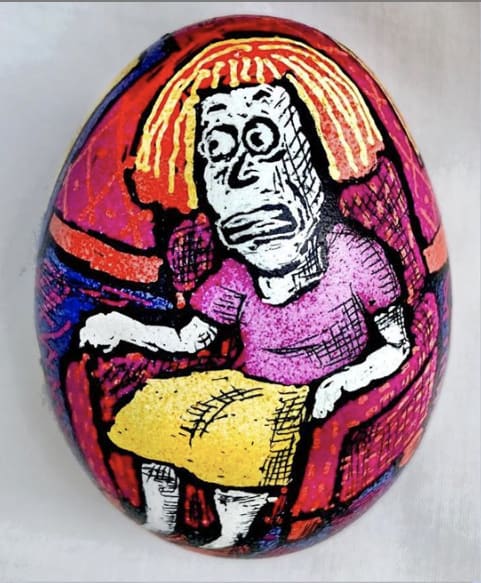 Roz Chast That Clown, 2020 eggshell, dye and polyurethane 2.25 x 1. 625 inches (CHAST 84)