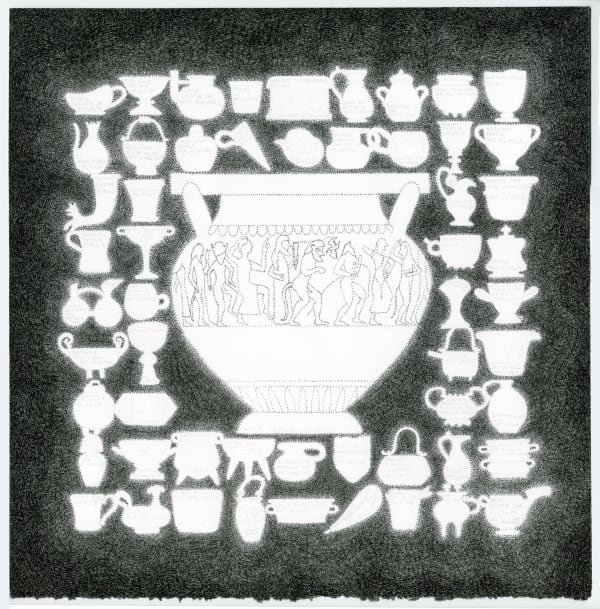 black and white drawing with large Greek urn in center, surrounded by many small vessels