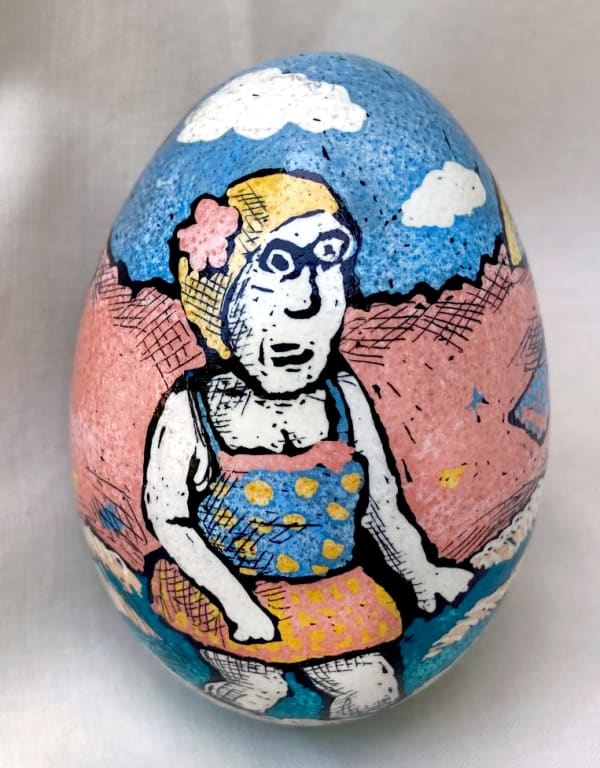 Roz Chast Beach Scene, 2020 eggshell, dye and polyurethane 2.25 x 1. 625 inches (CHAST 47)