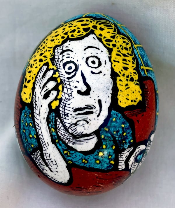 Roz Chast Concern, 2022 eggshell. dye and polyurethane 2.25 x 1.625 inches (CHAST 392)