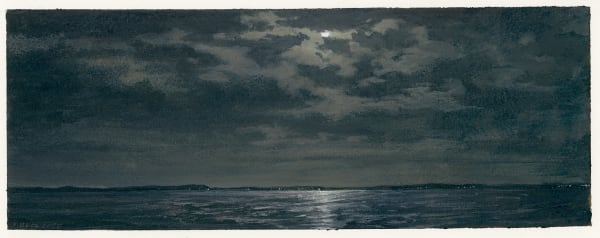 watercolor of ocean horizon at night, clouds and moon