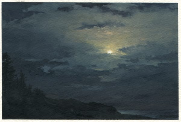 Dozier Bell Monhegan harbor, sunset, 2020 watercolor on paper 3.5 x 9.25 inches